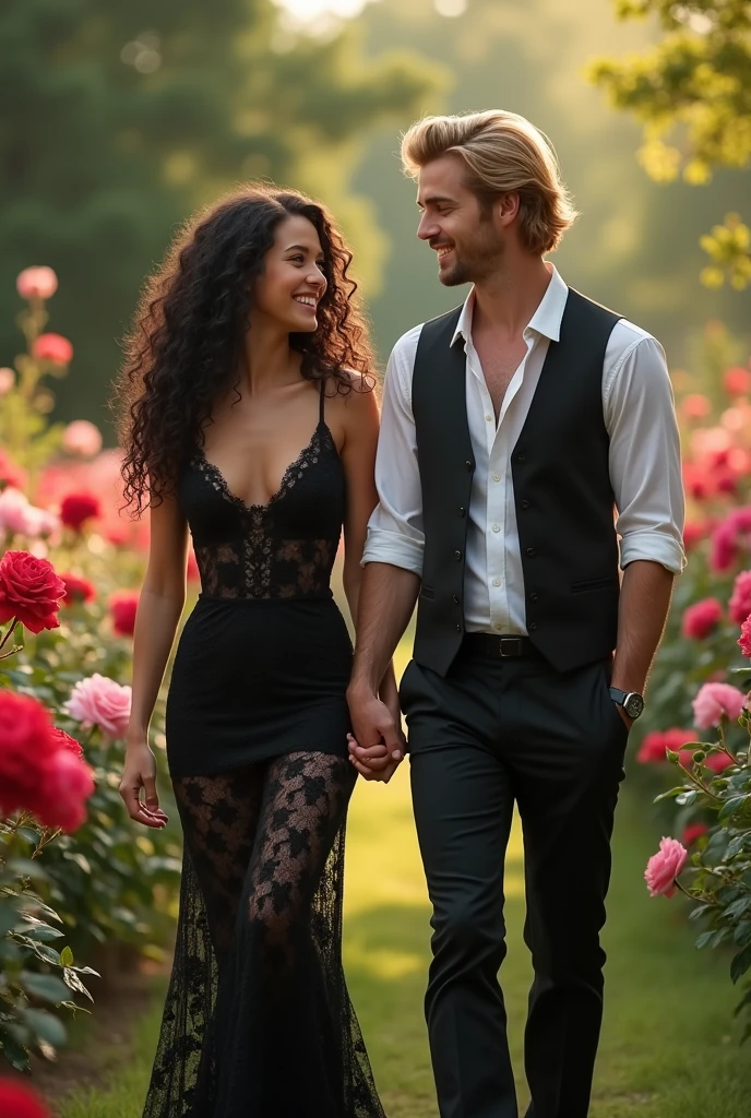 Photo: une femme de 25 ans, la peau blanche, les cheveux longs noir boucle tombant en cascade sur ses épaules entourant un visage doux aux yeux marron emplie de joie. Elle porte une longue robe noir sexy en dentelle. Avec elle un homme de 25 ans, ses cheveux mi long blond bien coiffé de entourant un visage aux yeux vert emplie de tendresse. Il porte un pantalon noir de costume et une chemise blanche. Ils se balade main dans la main dans une roseraie