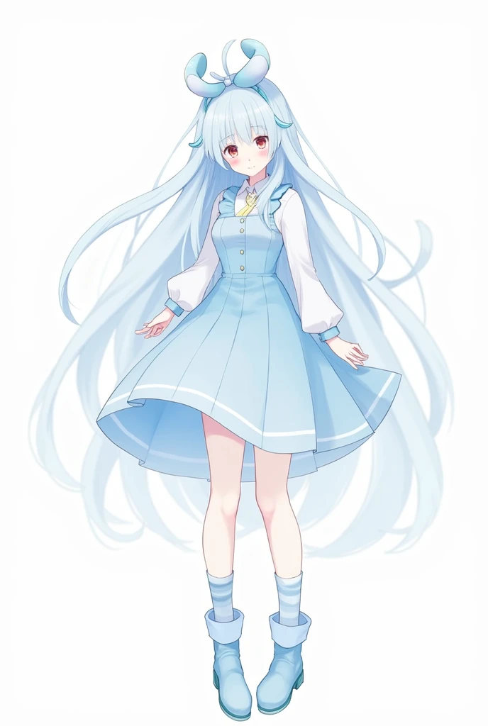 female character,that she is an adult,that only the head is noticeable,with long, light blue hair, light blue and white shirt, with light blue skirt, sky blue and white socks, White skin, sky blue boots, cinamoroll sky blue headphones.