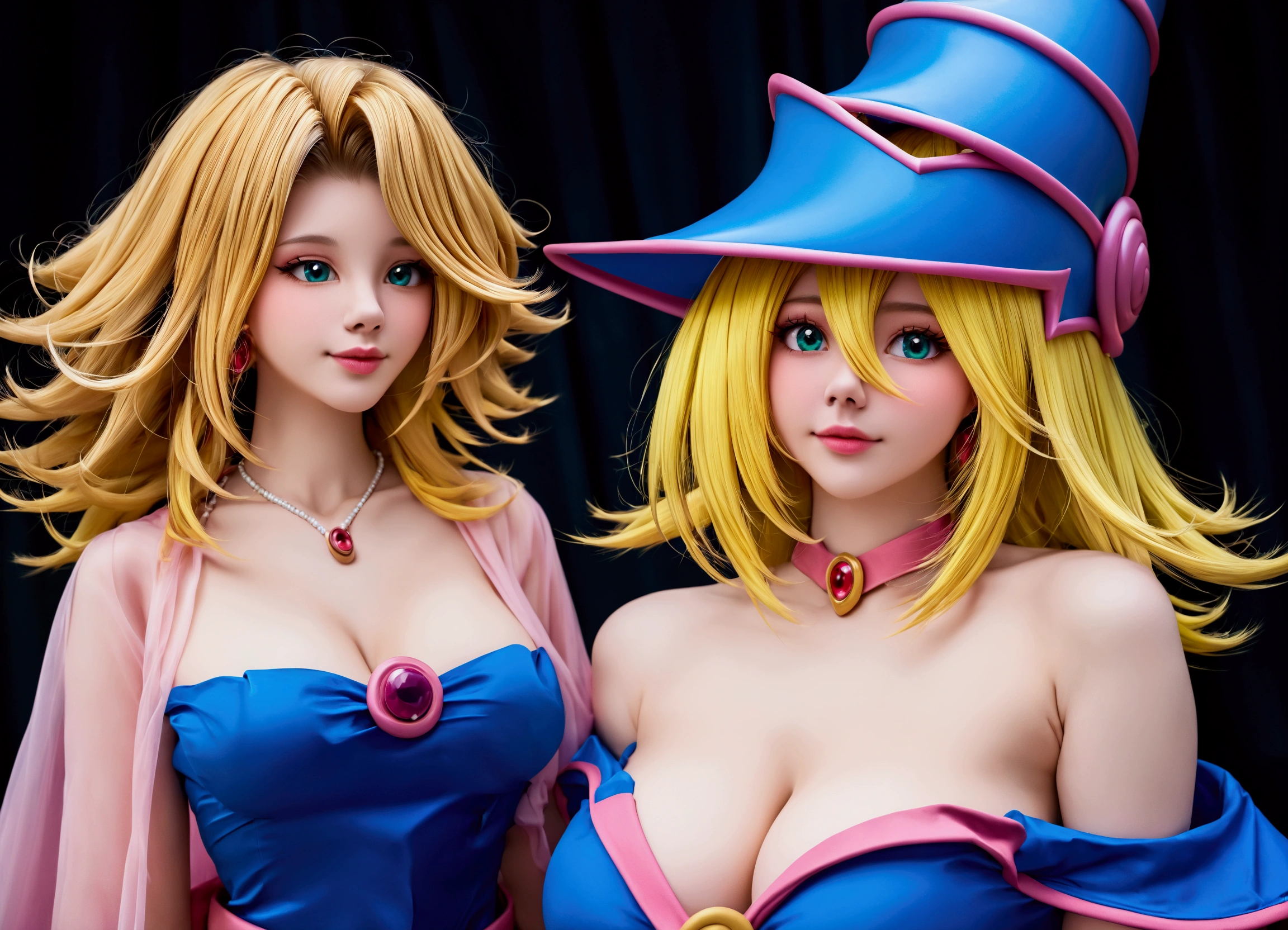 ((Dark magician girl)), ((Yu-Gi-Oh)), Blonde, ((Curvy)), ((Magician)), Excited, Curly long hair, ((Sexy)), Shy, HD, High Resolution, 4K