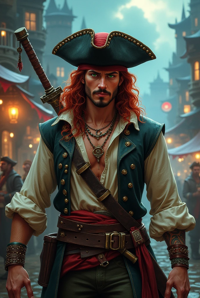 Red haired pirate, DnD world. A male pirate with long curly red hair, he has no beard at all and a small scar on his nose. He has green eyes. He’s wearing an old pirate trench cot, with an half ooen shirt under it. On his trousers he had a belt and a red band. On his head an old ruinedblack pirate hat. He’s having fun with many other sailor at the pub, there’s a storm in the background and a pirate city. He has two bastard sword on his back. He has many necklace and bracelets with some tatoos