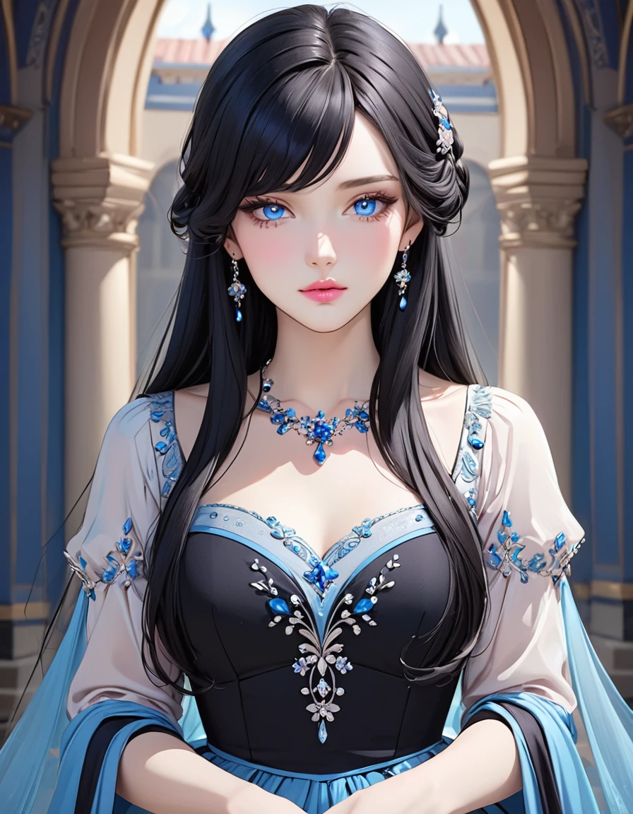 Beautiful woman with very long black hair, side-swept bangs, sparkling blue eyes, light pink lips, fair skin. Elegant but modest renaissance dress and a simple tear-drop shaped blue necklace.