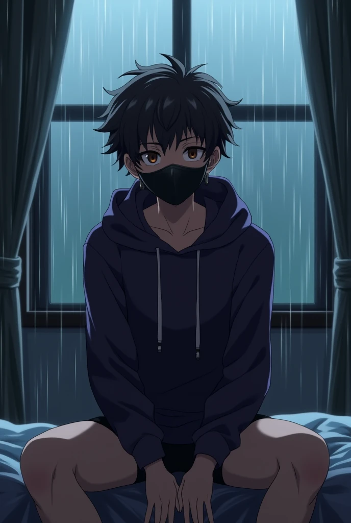 Anime Guy, Black Curly Hair, Dark Brown Eyes, Wearing Dark Purple Hoodie, Wearing Black Boxer Briefs, Using Black Surgery Mask, Sitting In Front Of A Night Rain Window In The Bedroom, 4K, Realistic, Front Focus