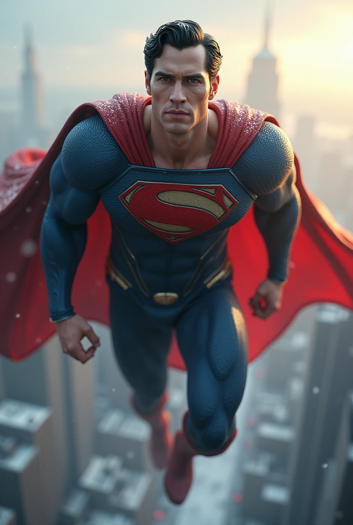 hyper focus, Superman (Dc comics) floating over a lightly snowing city, hiperrealisitics, realisitic, a very muscular body in the renatosphere, epic 3D realism, swollen muscles, large fists, best in wlop, kan liu, daz3d, trends in CGsociety, estilo realisitic hiperdetalhado, completo cosplay, by Ric Nagualero, album, hyung tae kim, 8k, irreal engine 5, film composition, retratos realisitics hiperdetalhados, 3D game art, CG Society, Fantasyart, hd art of season, estética realisitic, cinematic lighting, border light, smooth light, border light de filme, fine glow, ultradetailed, 8k, uso realisitic de luz e cor, cinematic light, rendered in cinema4d 500–1000 AD -- ar 3:4- Niji 6