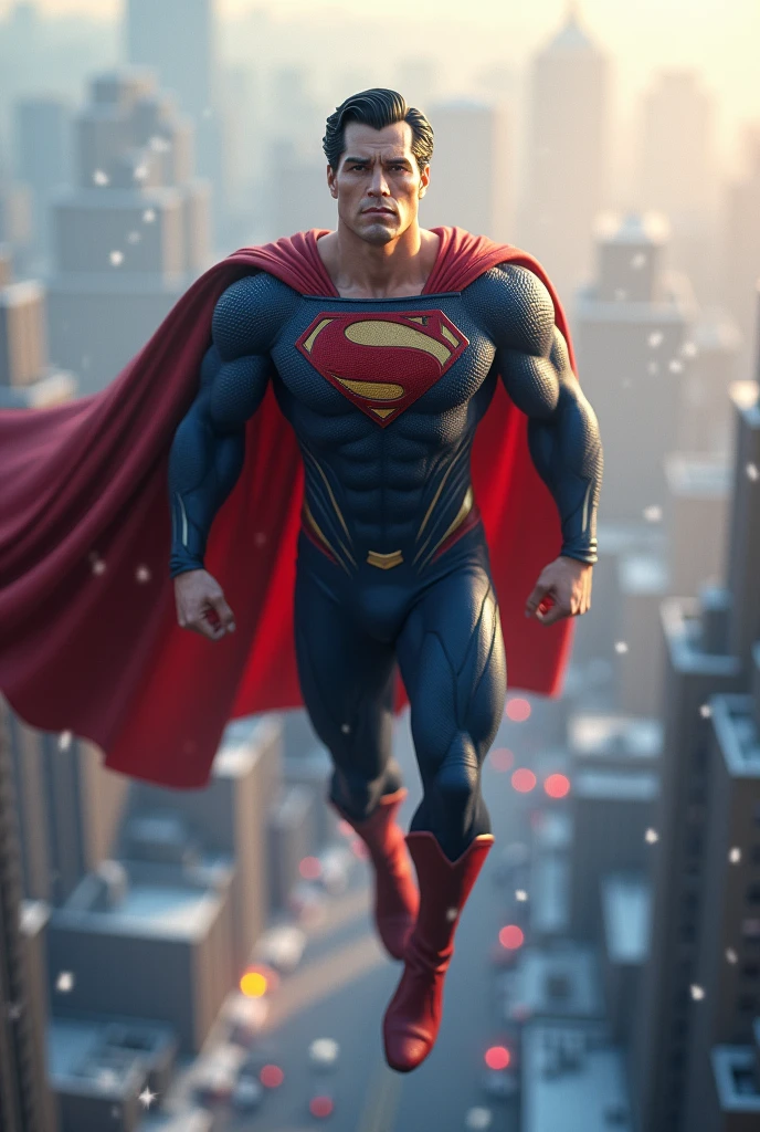hyper focus, Superman (Dc comics) floating over a lightly snowing city, hiperrealisitics, realisitic, a very muscular body in the renatosphere, epic 3D realism, swollen muscles, large fists, best in wlop, kan liu, daz3d, trends in CGsociety, estilo realisitic hiperdetalhado, completo cosplay, by Ric Nagualero, album, hyung tae kim, 8k, irreal engine 5, film composition, retratos realisitics hiperdetalhados, 3D game art, CG Society, Fantasyart, hd art of season, estética realisitic, cinematic lighting, border light, smooth light, border light de filme, fine glow, ultradetailed, 8k, uso realisitic de luz e cor, cinematic light, rendered in cinema4d 500–1000 AD -- ar 3:4- Niji 6