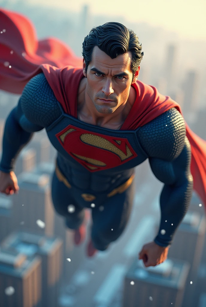 hyper focus, Superman (Dc comics) floating over a lightly snowing city, hiperrealisitics, realisitic, a very muscular body in the renatosphere, epic 3D realism, swollen muscles, large fists, best in wlop, kan liu, daz3d, trends in CGsociety, estilo realisitic hiperdetalhado, completo cosplay, by Ric Nagualero, album, hyung tae kim, 8k, irreal engine 5, film composition, retratos realisitics hiperdetalhados, 3D game art, CG Society, Fantasyart, hd art of season, estética realisitic, cinematic lighting, border light, smooth light, border light de filme, fine glow, ultradetailed, 8k, uso realisitic de luz e cor, cinematic light, rendered in cinema4d 500–1000 AD -- ar 3:4- Niji 6