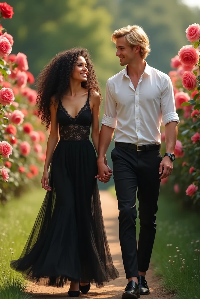 Photo: une femme de 25 ans, la peau blanche, les cheveux longs noir boucle tombant en cascade sur ses épaules entourant un visage doux aux yeux marron emplie de joie. Elle porte une longue robe noir sexy en dentelle. Avec elle un homme de 25 ans, ses cheveux mi long blond bien coiffé de entourant un visage aux yeux vert emplie de tendresse. Il porte un pantalon noir de costume et une chemise blanche. Ils se balade main dans la main dans une roseraie