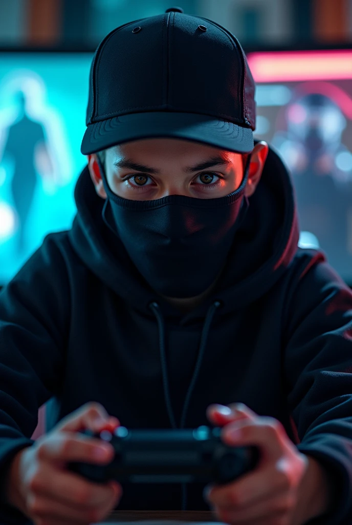 A boy gamer with a black mask and a backwards hat 
