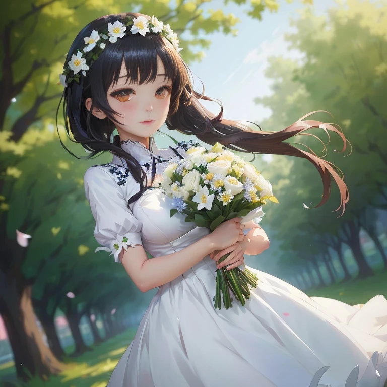 anime girl in a white dress holding a bouquet of flowers, artwork in the style of guweiz, anime moe artstyle, guweiz on pixiv artstation, guweiz, guweiz on artstation pixiv, smooth anime cg art, cute anime waifu in a nice dress, made with anime painter studio, in dress