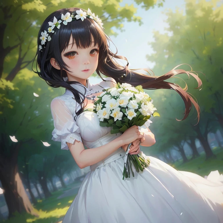 anime girl in a white dress holding a bouquet of flowers, artwork in the style of guweiz, anime moe artstyle, guweiz on pixiv artstation, guweiz, guweiz on artstation pixiv, smooth anime cg art, cute anime waifu in a nice dress, made with anime painter studio, in dress
