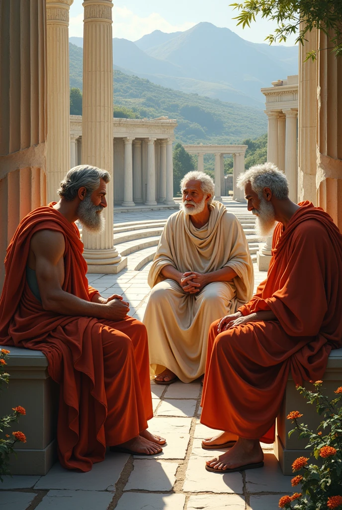 Make a picture of Aristotle, Socrates and Plato in Ancient Greece 