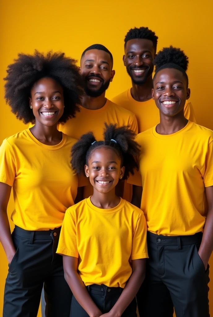 Une photo de famille de plusieurs agents de livraison africains très souriants, habillés en T-shirts jaune sans logo et pantalon noir. 