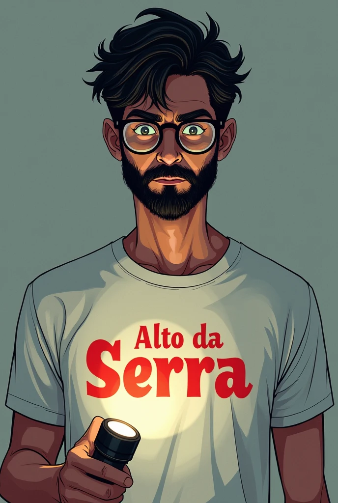 Mature 20-year-old man without expression lines with a mysterious expression, black short hair, with medium black beard and brown eyes with glasses on the shirt wearing a white summer camp t-shirt with Alto Da Serra written in red and a flashlight in his hand, half dark academia, Estilo da DC Comics, imagem sem fundo, dc comics style