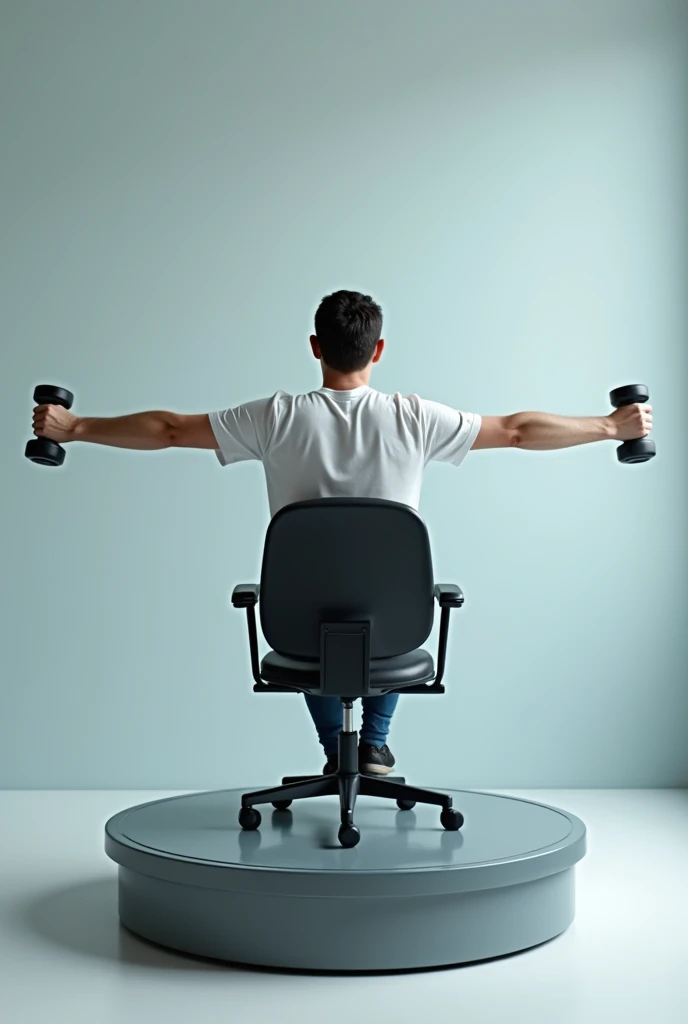 Create an image of the assembly used in the physical experiment of conservation of angular motion which consists of a rotating chair, A person sits on this chair while holding two small dumbbells in each hand and with arms stretched out.