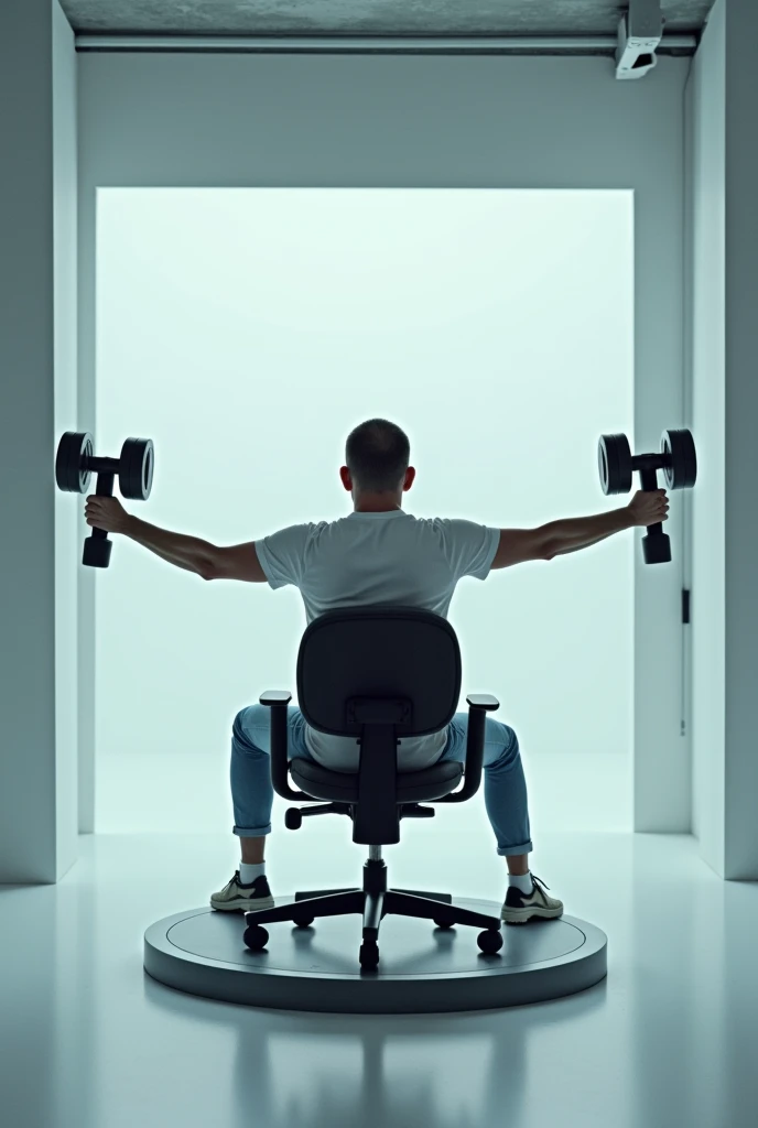 Create an image of the assembly used in the physical experiment of conservation of angular motion which consists of a rotating chair, A person sits on this chair while holding two small dumbbells in each hand and with arms stretched out.