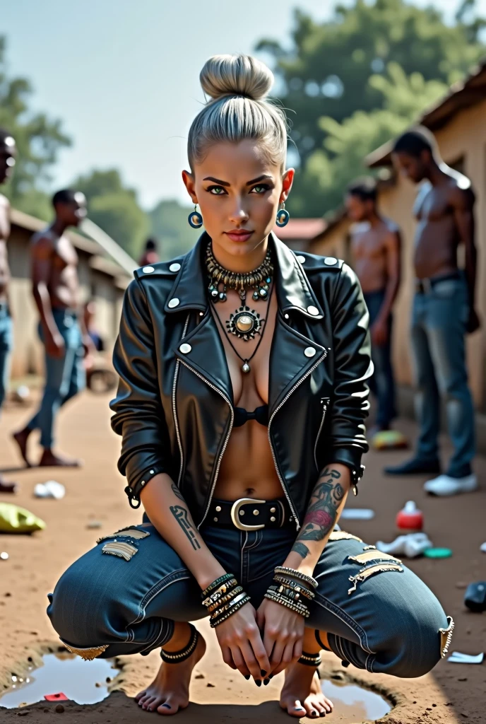 russian milf woman, grey  hair (top bun, shaved sides), colourful bandana as headband, with very light blue eyes, extremely pale skin. Wearing tight aged black moto jacket studded collar) with lots of zippers and pins, worn skinny dark blue jeans with patches, wet knees. Barefoot, with bracelets around ankles. Chain around hips like belts. Dirty knees, dirty feet and muddy hands. Wide studded belt. Lots of metallic bracelets, lots of boho pendants and lots of colourful beads collars. Long huge boho. Chains around the hips. Squatting on a puddle with hands on her hips, looking up, chin up, stretching her neck , humble facial expression. Bracelets in ankles and rings in fingers. Black nail polish. studded black leather tote bag with chain on the floor, next to her.. Listening looking up in amazement to somebody speaking to her from the sky, upper teeth visible. Well toned abdominals, thin neck, slim legs and thin arms. Narrow hips Cleavage, stomach, neck, tigh and hands completely covered with tattoos. Dirt street in Kenyan village full of waste. A lot of tanned shirtless fat men in jeans around looking at her. next to her, all her belongings scattered on the floor: tobacco packs, makeup kit, little makeup mirror, studded black leather tote bag, lipstick, wallet, moble etc on the floor