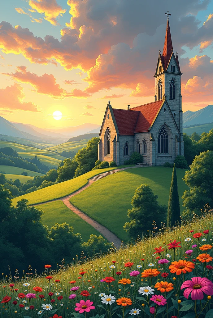 ((Produce a black and white manga style that captures the essence of a picturesque, scenic landscape. The drawing should be taken from high up, showcasing a wide view of the landscape, with the church made of stone and brick appearing prominently. The sky should be adorned with a beautiful sunset or sunrise, creating a soft, warm light that highlights the details of the landscape. The fields should be filled with green grass and lined with attractive and colorful flowers. This image should appear as natural and beautiful, resembling a work of art, rather than a mere photograph, with its high resolution and intricate details.))
