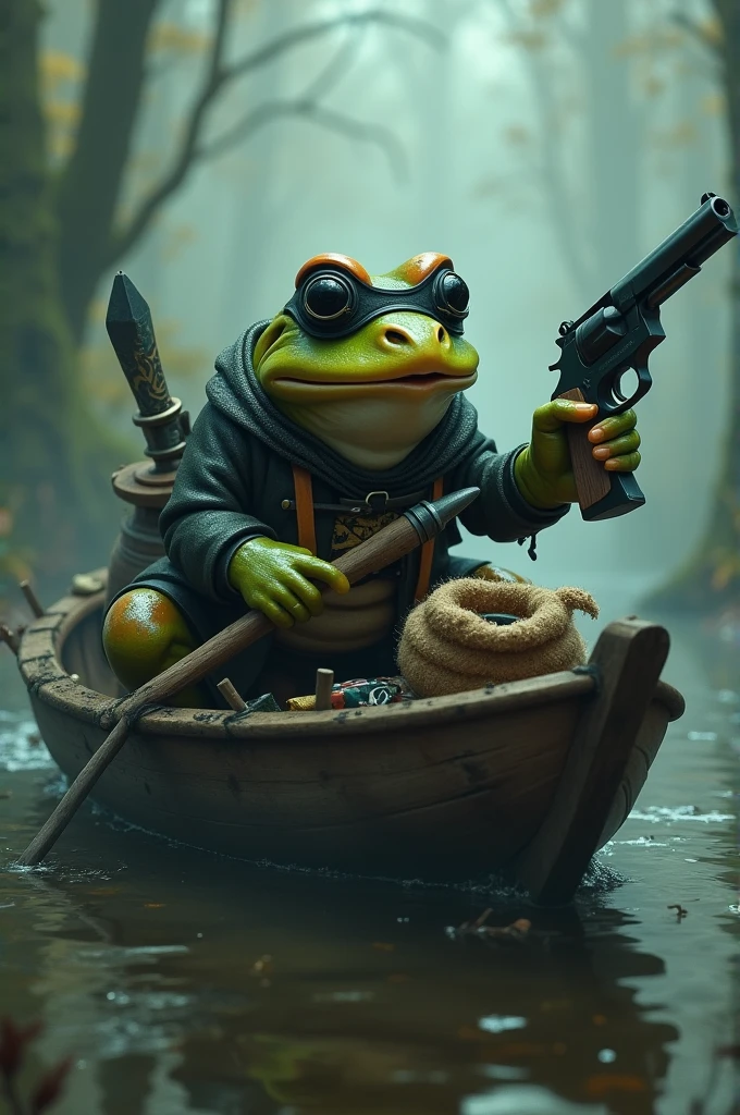Create an image of a robber frog with weapons inside the boat he is driving 