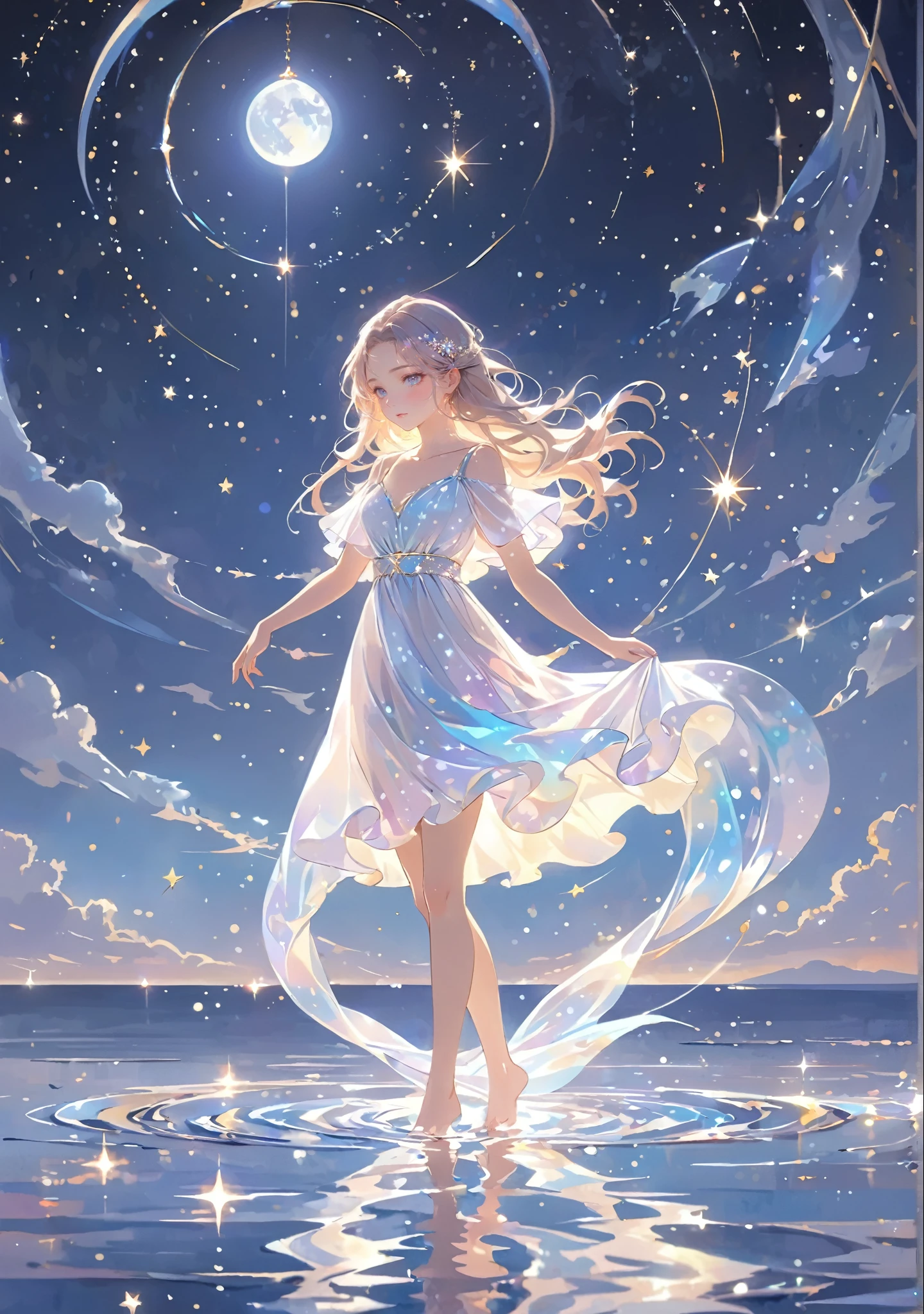 A girl standing alone under the starry night sky, with her silhouette illuminated by the soft moonlight and twinkling stars. Her face is beautifully detailed, with mesmerizing eyes that seem to reflect the universe itself, long and fluttering eyelashes, and exquisitely defined lips. She is dressed in an elegant gown, flowing and ethereal, embracing her figure gracefully as it glimmers with a subtle celestial glow. The intricate details of her dress catch the faint starlight, creating a mesmerizing sparkle. The surrounding landscape showcases a serene ocean. The air is filled with a gentle breeze, causing the fabric to sway delicately. The  is bathed in a warm, dreamy color palette, with hues of deep blues, purples, and hints of silver. The atmosphere is calm and tranquil, evoking a sense of peace and serenity. The artwork is of the highest quality, meticulously created with ultra-detailed brushstrokes and precise attention to every element. The texture and depth of the painting are breathtaking, with a sense of realism and photorealism that captures the awe-inspiring beauty of the night sky. The lighting is soft and diffused, casting a gentle glow over the entire scene, enhancing the magical ambiance. The girl's presence radiates a sense of mystery and wonder, as if she holds a secret connected to the celestial beings above. The overall composition evokes a feeling of timelessness and captures the essence of a StarSign, an artwork that embodies the celestial beauty and inner strength of a girl in harmony with the stars. Barefoot,walking on water