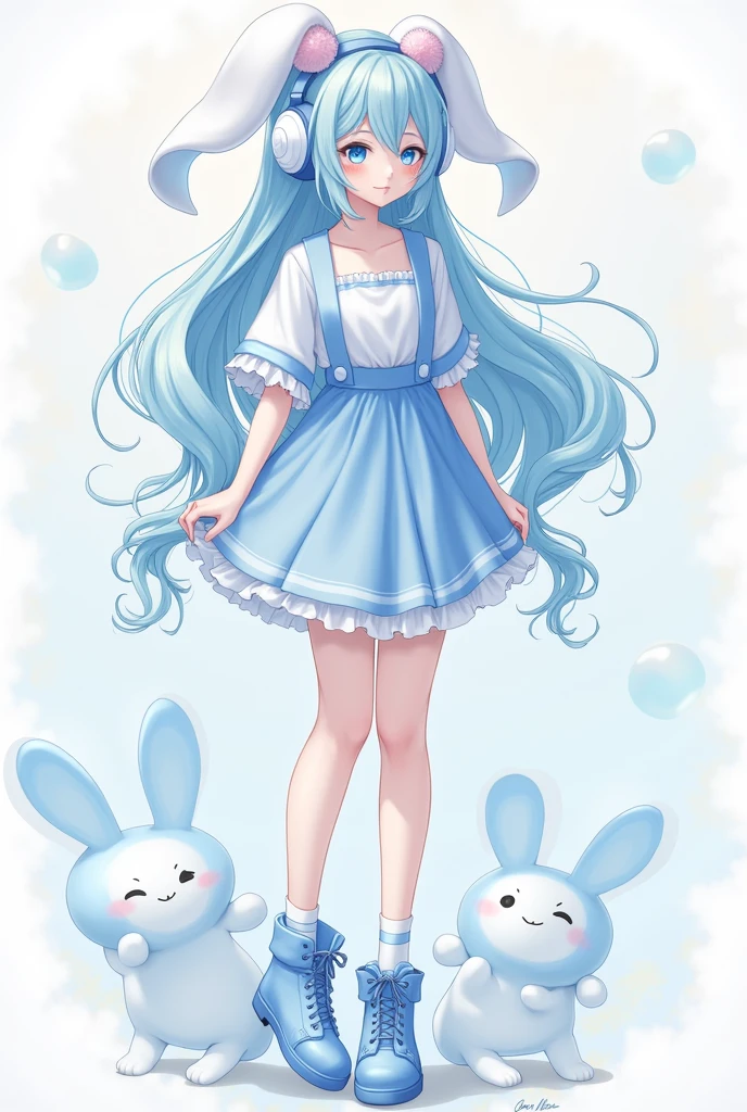 female character,that she is an adult,that only the head is noticeable,with long, light blue hair, light blue and white shirt, with light blue skirt, sky blue and white socks, White skin,blue eyes,sky blue boots, cinamoroll sky blue headphones.