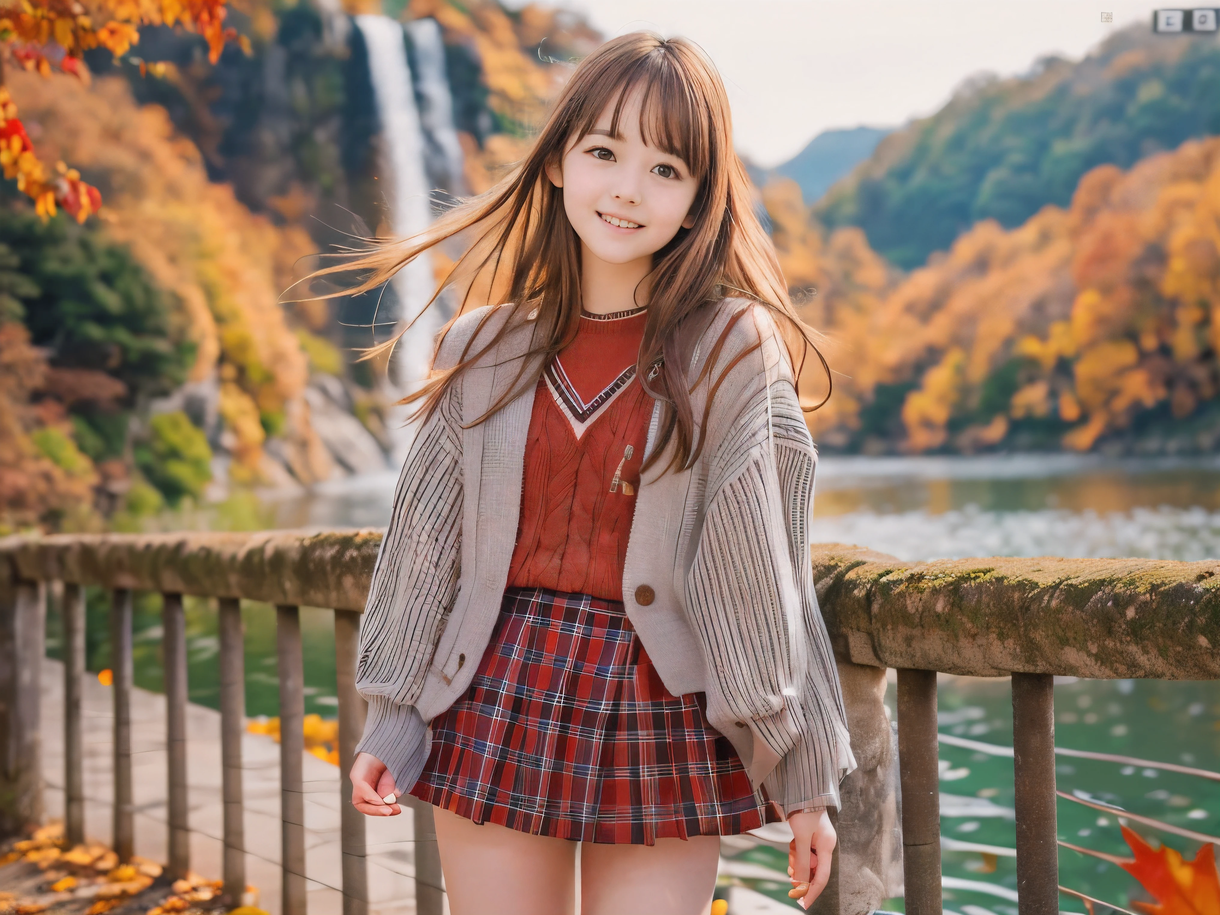 (Close up face shot of one slender small breasts red brown wavy long hair with dull bangs girl in a autumn fashion shirt and sweater and skirt:1.5)、(One girl is dancing with happy smile on the dart road near the lake and big waterfall in Japan:1.5)、(Beautiful autumn red leaves landscape:1.5)、(Natural light:1.5)、(8k ultra detailed master piece:1.5)、(perfect anatomy:1.5)、(Photorealistic stick:1.5)、(Raw photo:1.3)、(highest quality:1.5)、(High resolution:1.3)、(Delicate and beautiful perfect face:1.3)、(Delicate and beautiful eye air skin:1.3)、(Real Human Skin:1.3)、((thin legs))