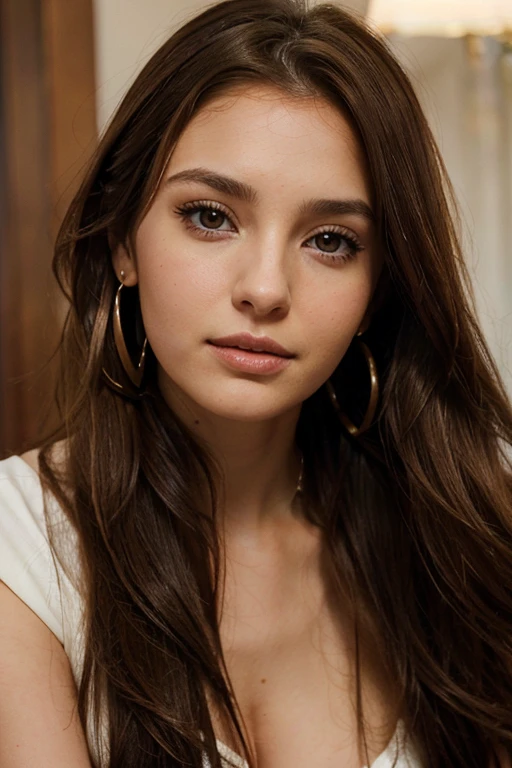 Arafed woman with long brown hair and earrings posing for a photo, cheveux fins et brillants, slick hair, girl with dark brown hair, girl with brown hair, coiffure droite, brown hair with center parting, ana de armas portrait, cheveux raides soyeux parfaits, Anna Nikonova alias Newmilky, attractive brown hair woman, Portrait Sophie Mudd, ana de armas
