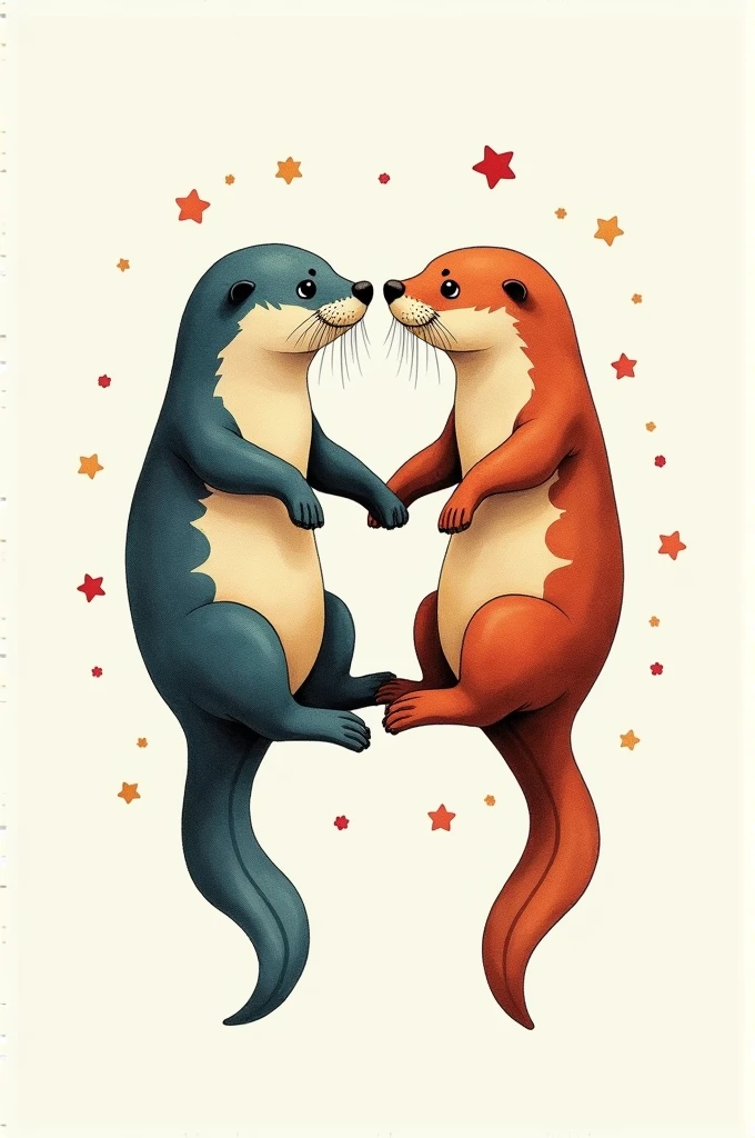 Watercolor Tatoo idea, two otters floating on their backs, holding hands, pocahontas colors in the wind kind of style. Not face to face, they are next to each other floating in the same direction. This is perfect, now with colors and tribal patterns