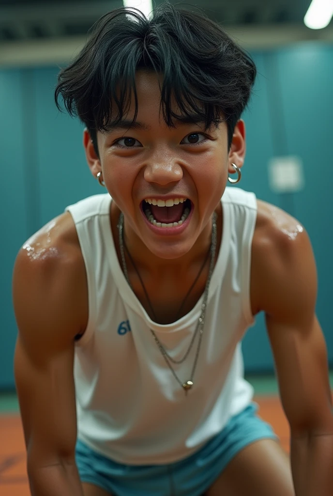 Son Dongpyo's face,very sweaty body,brwon skin，Mini sport shortlue tshirts, large eyes, very sweaty body, showing his bare feet soles low angle，sweaty Soles, White sweaty shirt ,sleeveless,Anatomically correct,angry smile,flushing face,Highest image quality, masterpice, 8k, fully body photo feet pov, hairless bodybeautiful boy, , korean, Detailed Skin Textures and detailed skin pores , beautiful mouth and face, earrings, necklace