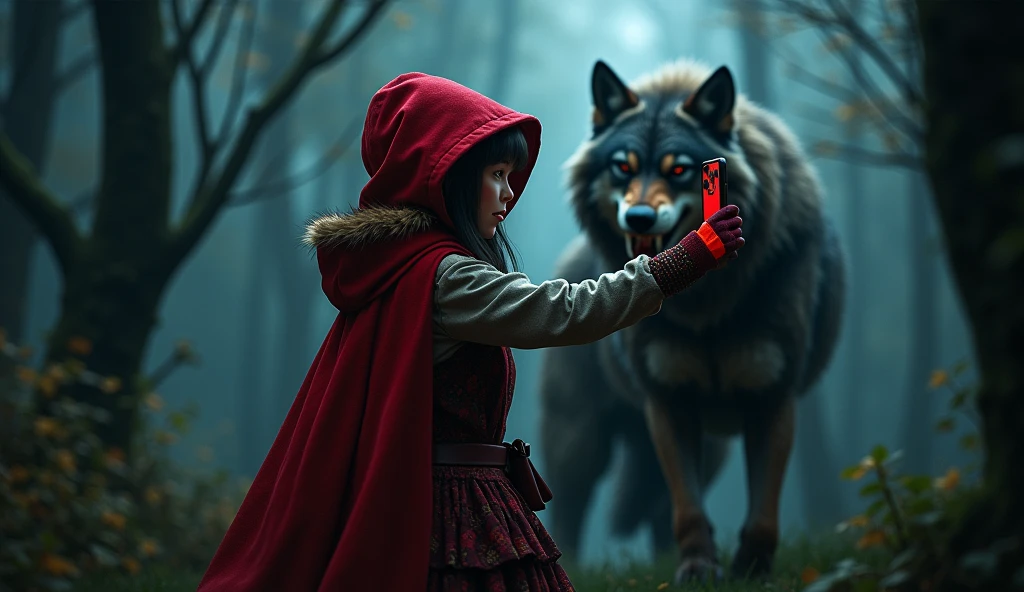 A breathtaking cinematic scene in which Red Riding Hood and a wolf share a tense moment. Red Riding Hood, dressed in her iconic redhooded cape, holds up her phone to take selfies with the mysterious and menacing-looking wolf. The wolf stands close, a sinister grin on its face, and a dark forest looms behind them. The atmosphere is tense, with an air of danger and suspense typical of dark fantasy., dark fantasy, cinematography, dark fantasy, cinematic, illustration, portrait photography, photo, 3d render, fashion, anime, poster, vibrant, painting, wildlife photographyLess
