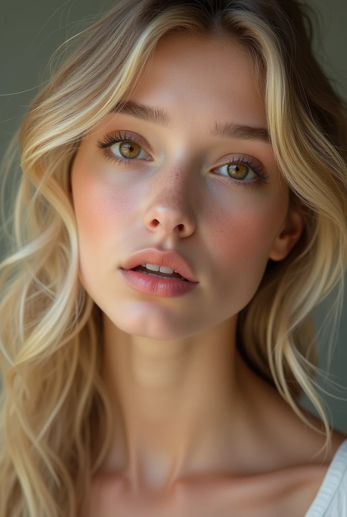 Jeune femme blonde yeux marron naturel