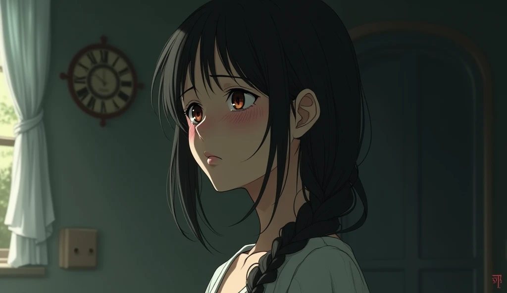 A poignant scene of a young woman crying, her face filled with sorrow. She stands alone in a room, with her emotions clearly conveyed. The art style should capture the heartfelt and enchanting qualities of Studio Ghibli, with a focus on detailed expressions and a richly atmospheric background.