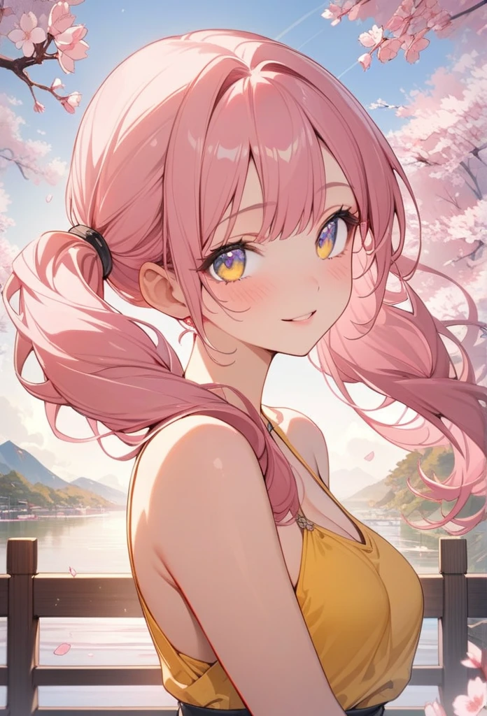 8K resolution, ((highest quality)), ((masterpiece)), ((Super detailed)), (And yet delicate and beautiful), beautiful girl, alone, gentle expression, She and(relax)and(Calm)exterior, pink hair in twintails,written boundary depth, bright smile, young look, bright gold-colored eyes, Beautiful pink hair, beautiful background, long hair, line drawing, yellow halter top,medium breasts,bare arms,Japan, Japanese Style, cherry blossomsのように輝く瞳, upper grade, wonderful eyes, cherry blossoms, cherry blossomsの木, cherry blossomsの花が舞っている, Upper body