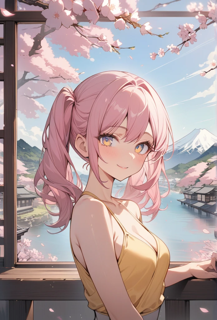 8K resolution, ((highest quality)), ((masterpiece)), ((Super detailed)), (And yet delicate and beautiful), beautiful girl, alone, gentle expression, She and(relax)and(Calm)exterior, pink hair in twintails,written boundary depth, bright smile, young look, bright gold-colored eyes, Beautiful pink hair, beautiful background, long hair, line drawing, yellow halter top,medium breasts,bare arms,Japan, Japanese Style, cherry blossomsのように輝く瞳, upper grade, wonderful eyes, cherry blossoms, cherry blossomsの木, cherry blossomsの花が舞っている, Upper body