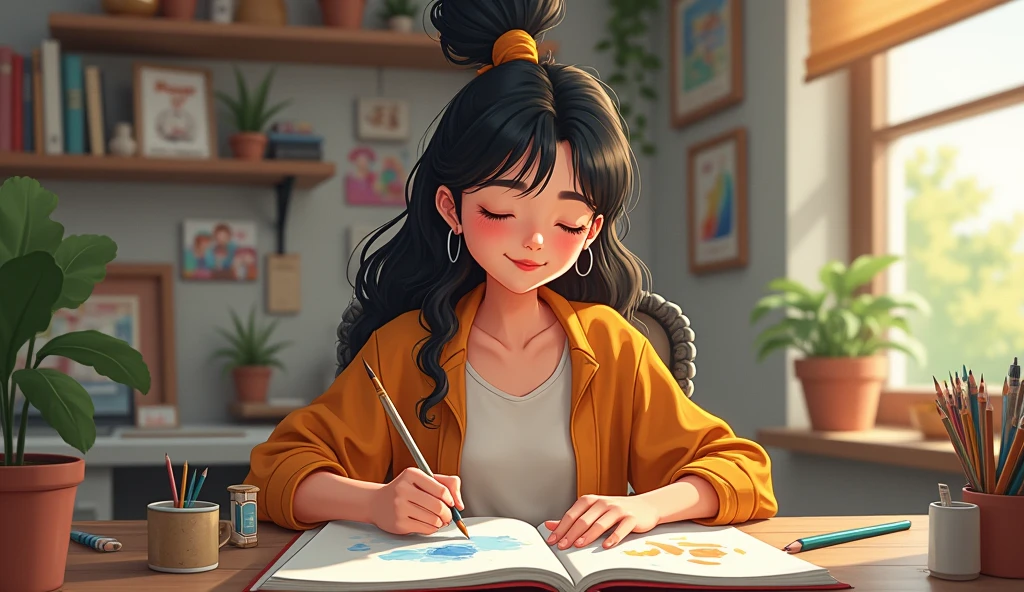 around , sitting at her desk, happily drawing in her sketchbook.