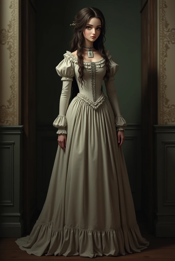 crinoline, victorian 19th century long dress, collar with nametag, collar with prison chain, dark brown hair, long hair, 155cm tall, woman, 1, freckless, small butt, full body view, slim body, a light green left eye, a deep brown right eye, hairless body, slim but round face, B cup boobs,