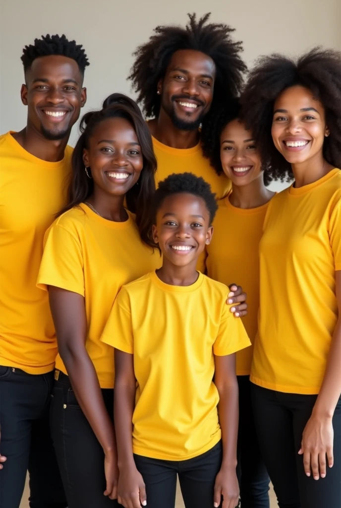 Une photo de famille de plusieurs agents de livraison africains très souriants, habillés en T-shirts jaune sans logo et pantalon noir. 