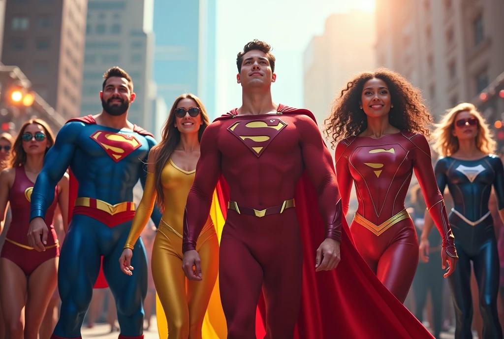 Superheroes smiling and being filmed live