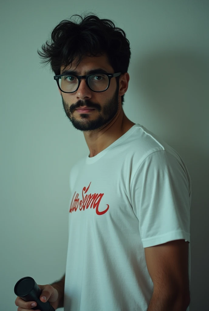Mature 20-year-old man without expression lines with a mysterious expression, black short hair, with medium black beard and brown eyes with glasses on the shirt wearing a white summer camp t-shirt with Alto Da Serra written in red and a flashlight in his hand, half dark academia, Estilo da DC Comics, imagem sem fundo, dc comics style, similar to caio castro