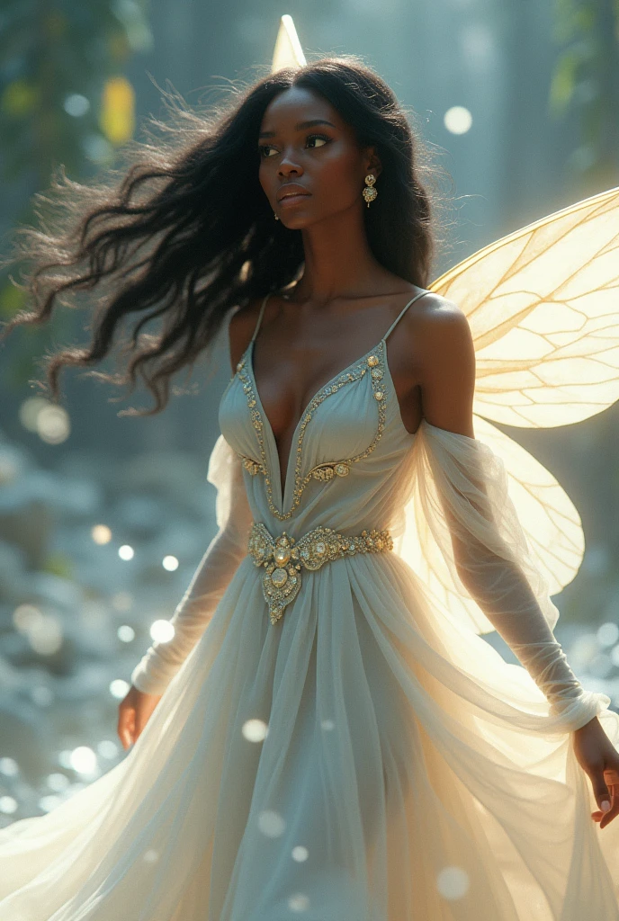  African woman, olive skin, gorgeous, black hair, white garment, fairy princess style,ultra high resolution, 8k, 3d
