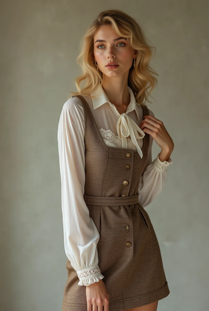 European female model wearing short tweed dress with lace blouse underneath and bow 