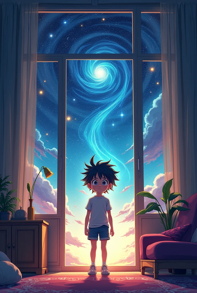  I want an image with size 2.560 x 1.440 in anime style that is an Otávio inside the room in a space-like style