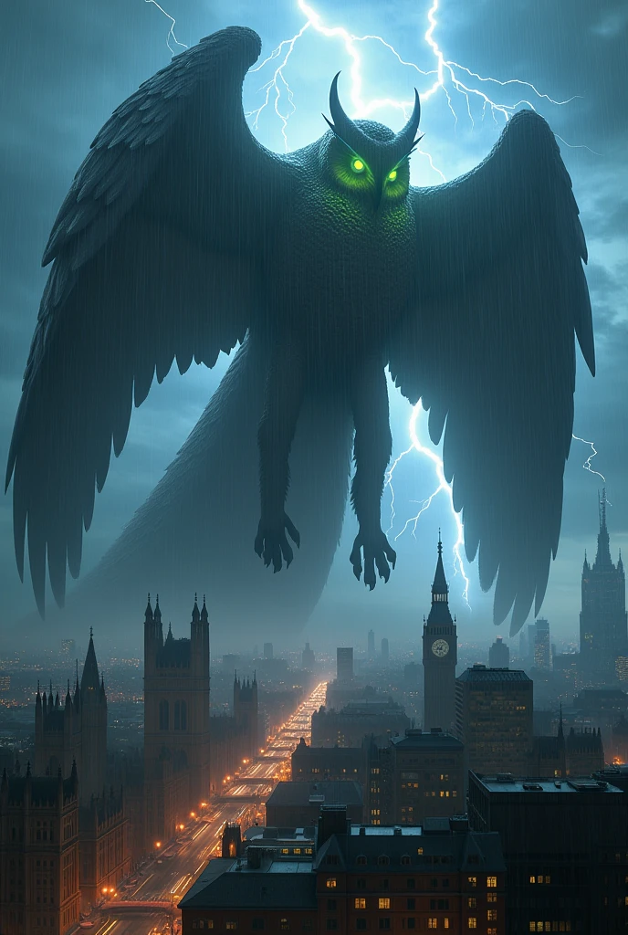 Absolutely massive owl towering over the city of London at night, panoramic shot, giant owl monster, incredible scale, arching over the cityscape, backlit by lightning, view from the side, attacking the city, complex character design, 4 arms, a tail, original character, rain, dramatic scene, cinematic, terrifying, glowing from inside body, not humanoid, famous landmarks, destruction