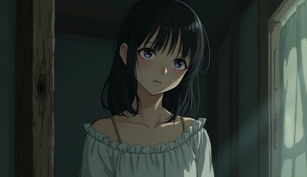A poignant scene of a young woman crying, her face filled with sorrow. She stands alone in a room, with her emotions clearly conveyed. The art style should capture the heartfelt and enchanting qualities of Studio Ghibli, with a focus on detailed expressions and a richly atmospheric background.