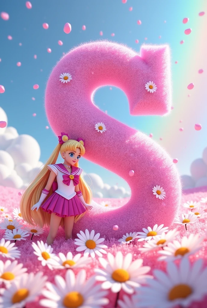 Giant pink glitter letter S , daisies around and Sailor Mon Serena , the background a pastel rainbow 