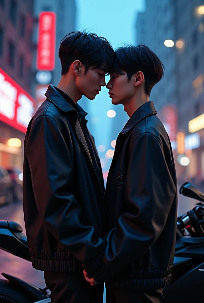 Photorealistic image of Kim Taehyung and Jeon Jungkook against the backdrop of a night city. They look at each other with passion and desire in their eyes.. Behind them stands a black sports motorcycle.. Both guys are dressed in black
