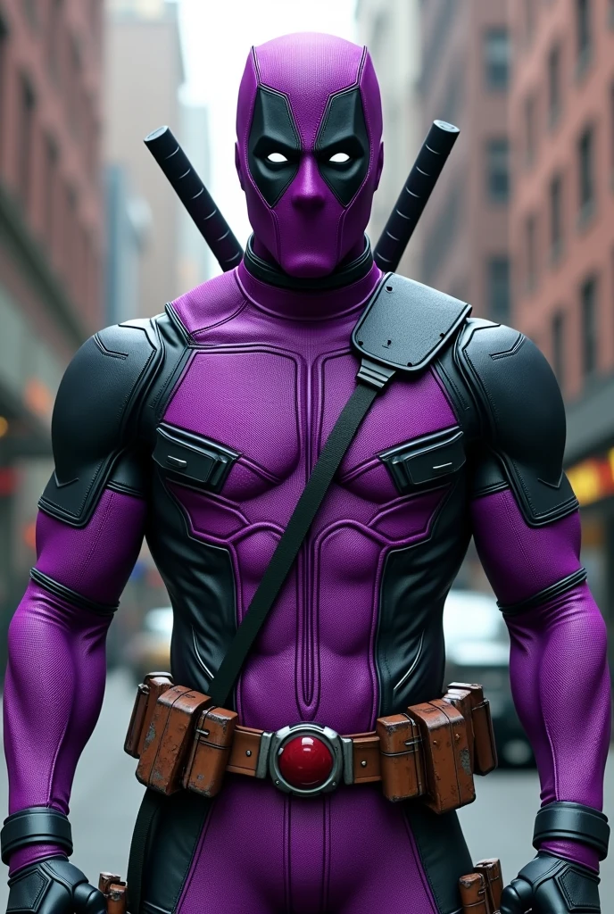 (Photorealism:1.2), deadpool purple suit