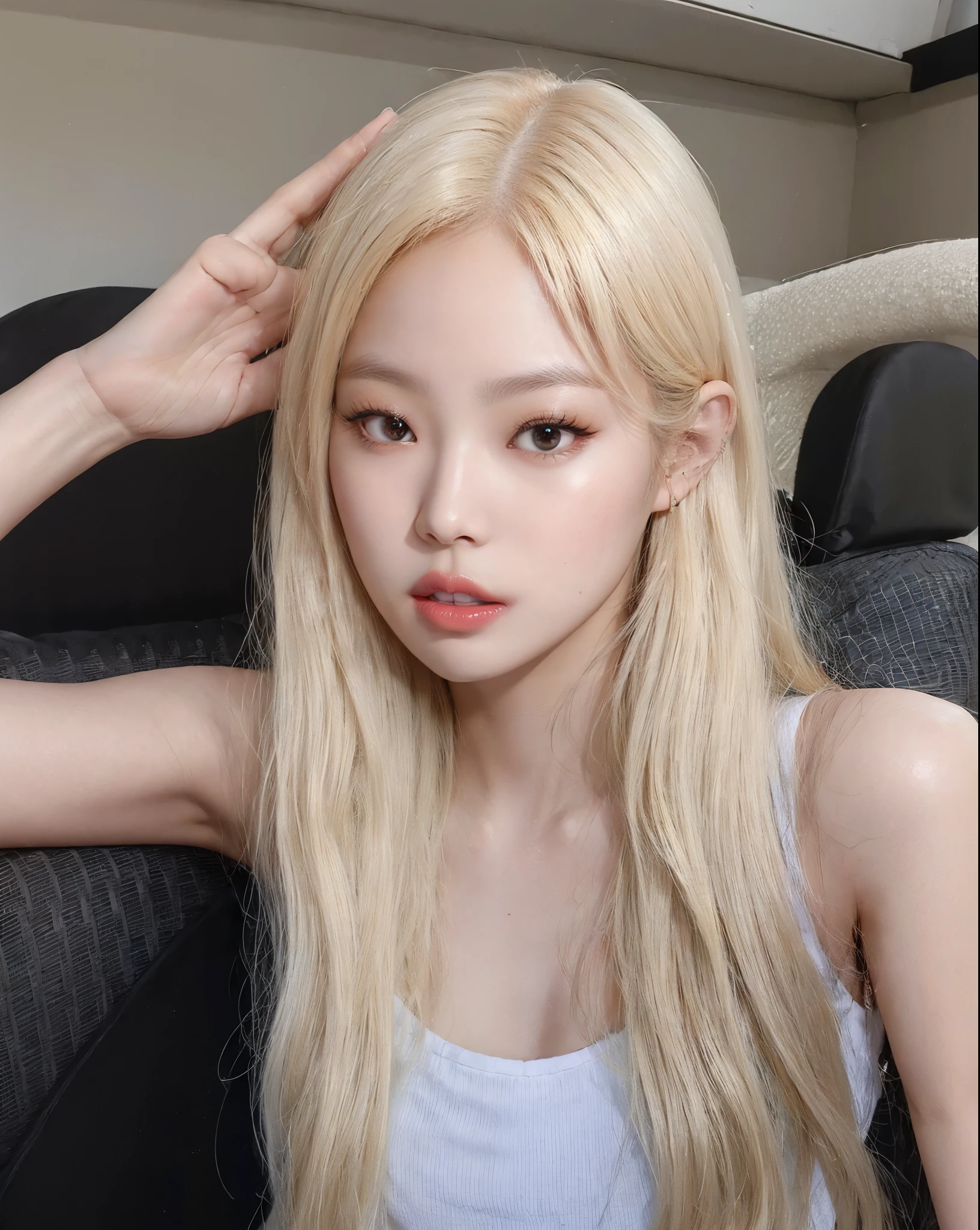 Jennie Kim, blond hair, Wavy, full lips, doll lips, Pale skin.