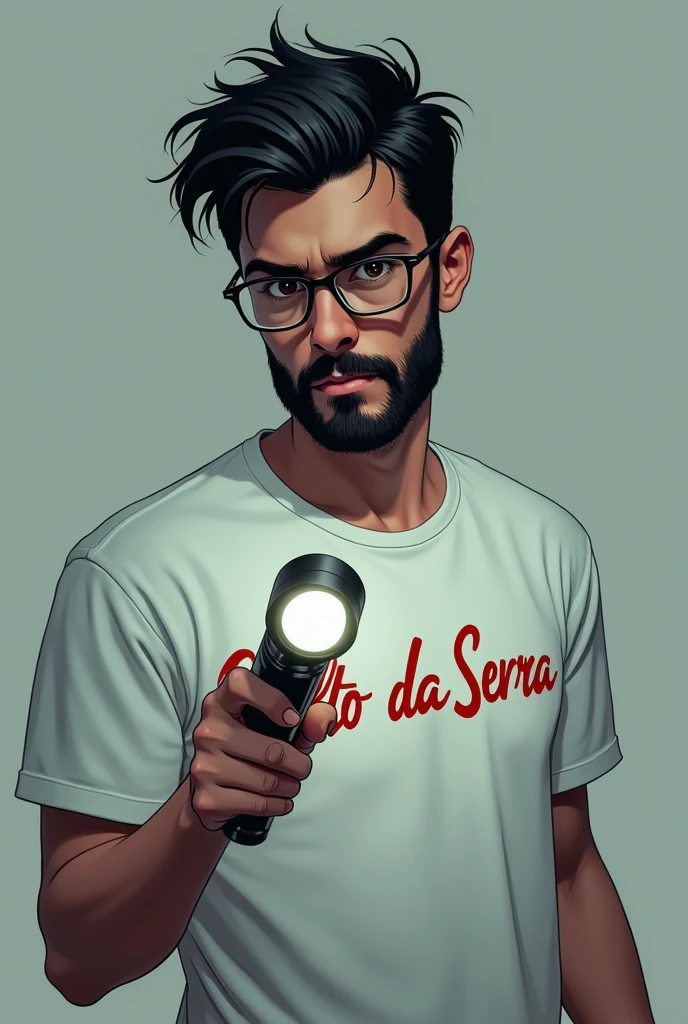 Mature 20-year-old man without expression lines with a mysterious expression, black short hair, with medium black beard and brown eyes with glasses on the shirt wearing a white summer camp t-shirt with Alto Da Serra written in red and a flashlight in his hand, half dark academia, Estilo da DC Comics, imagem sem fundo, dc comics style, similar to caio castro