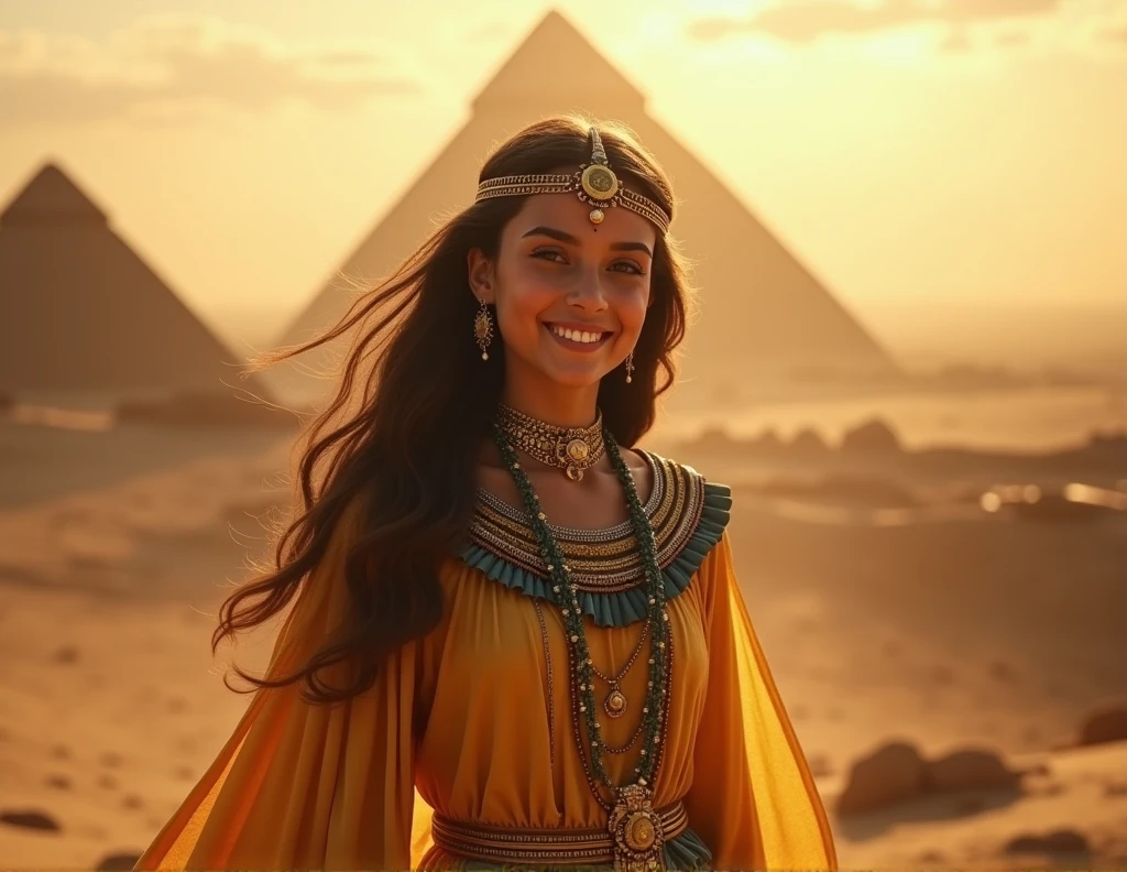 a young Egyptian princess visiting the Egyptian pyramids, smiling, happy, adventurous style, energetic, highly detailed, photorealistic, 8k, hyperrealistic, extremely detailed, cinematic lighting, warm color tones, dramatic shadows, ornate jewelry, intricate clothing details, confident pose, dynamic composition, golden hour lighting, volumetric fog, atmospheric haze, looking towards camera