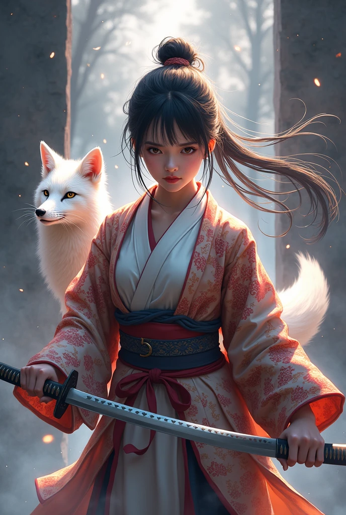 The enigmatic samurai woman (Musashi Miyamoto) wielding a long Japanese sword, Splitting with each powerful slash、Enveloped in the mist that obscures vision, Revealing a vivid and otherworldly scene, The clarity of the sword's slash against the hazy background, Mysterious Background, The white fox's sharp gaze met the viewer's., A layer of ethereal mist shrouding the foreground, Piercing, clear eyes, An exquisite and detailed kimono, Dramatic lighting and colors