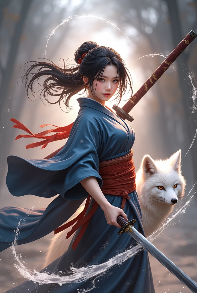 The enigmatic samurai woman (Musashi Miyamoto) wielding a long Japanese sword, Splitting with each powerful slash、Enveloped in the mist that obscures vision, Revealing a vivid and otherworldly scene, The clarity of the sword's slash against the hazy background, Mysterious Background, The white fox's sharp gaze met the viewer's., A layer of ethereal mist shrouding the foreground, Piercing, clear eyes, An exquisite and detailed kimono, Dramatic lighting and colors